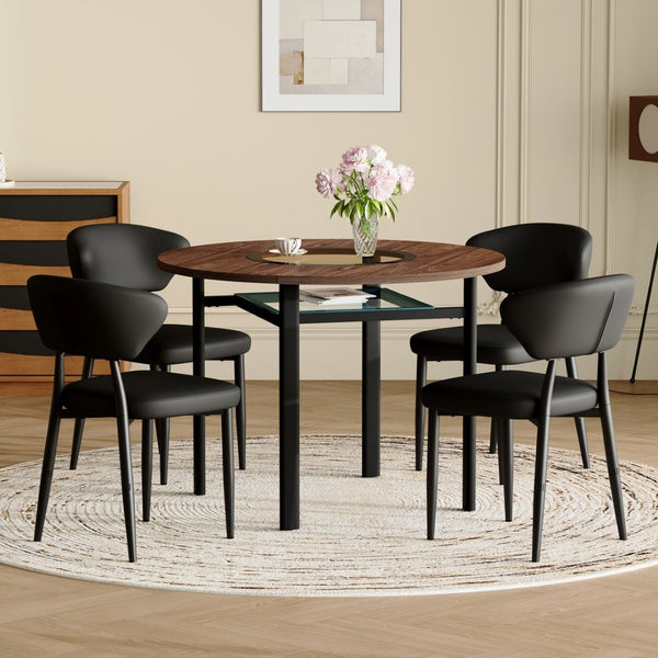 English Elm Table Set 42 Inch Round Wood Grain Mdf with Glass Inlay and 4 Ergonomic Chairs Brown+Black W1151S04500