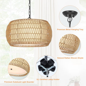 English Elm Rattan 5-Light Farmhouse Chandelier — Handwoven Boho Rattan & Metal Pendant Light, Height Adjustable W2738P324209
