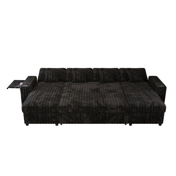 English Elm U Shaped Corduroy Sleeper Sectional with Storage Chaise and Pull Out Bed for Living Room W1825P357560