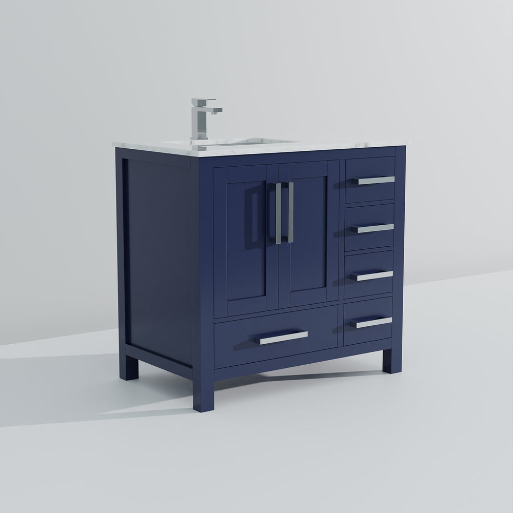 English Elm Navy 36" Bath Vanity with Carrara Marble Top & Chrome Faucet, Soft-Close Drawers, Spacious Storage B2731P259053