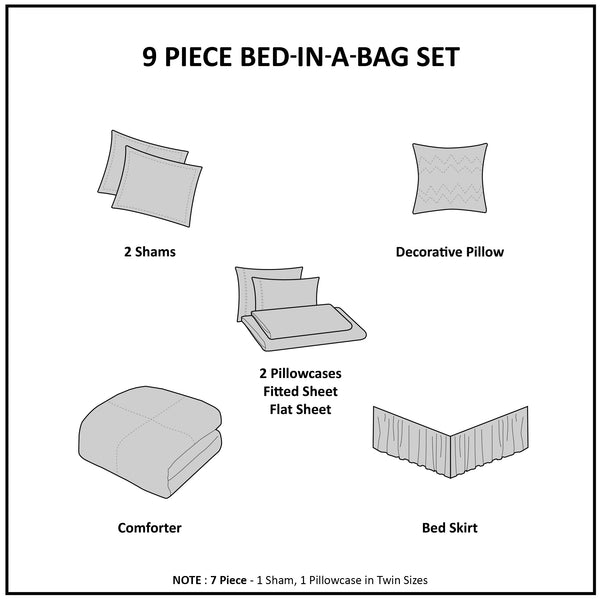 JLA Home Madison Park Essentials - 7 Madison Park Essentials Knowles comforter set with geometric aqua print, cotton sheets, OEKO-TEX protection 86 L x 68 W x 1.5H MPE10-158