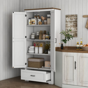 English Elm HOMCOM 67" Freestanding Kitchen Pantry Cabinet with 4 Doors, 6-Tier Adjustable Shelves, Rustic Charm Cream White W2225P249924