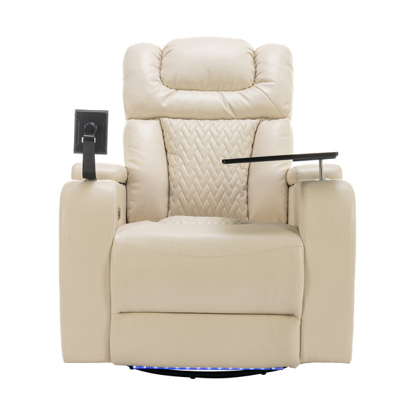 English Elm 270 270 Degree Swivel PU Leather Power Recliner Chair with Tray Table, Cup & Phone Holders, USB Port, Hidden Storage, Infinite Positions for Home Theater White N719S001190A