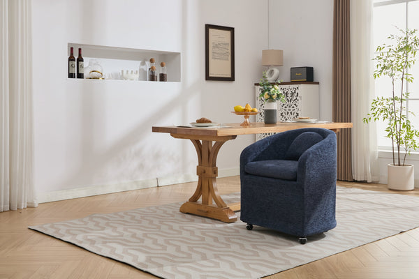 English Elm 059-Set Chenille Fabric Dining Armchair with Ergonomic Back Cushion, 360° Swivel & Smooth Wheels, Upholstered Comfort for Indoor Spaces Blue W527P242556