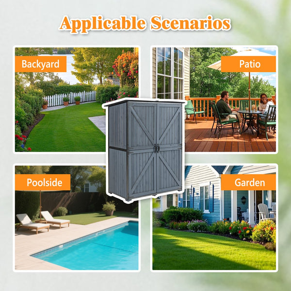 English Elm Outdoor Storage Cabinet Wood & Metal 55.1"L x 29.1"W x 68.9"H Blue Gray Garden Shed Tool Organizer Durable Weather-Resistant W1422S00055