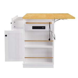 English Elm K&k 53 Inch Rolling Kitchen Island with Drop Leaf Power Outlet and Open Storage Racks White N707S185531W
