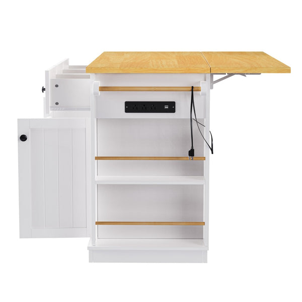 English Elm K&k 53 Inch Rolling Kitchen Island with Drop Leaf Power Outlet and Open Storage Racks White N707S185531W