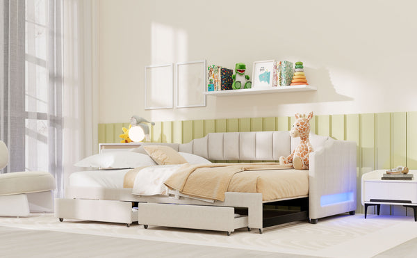 English Elm Twin Extendable Upholstered Daybed with Two Storage Drawers, LED Light, Slat Kit Included for Guests Beige N7500002061A