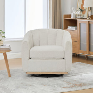 English Elm 31.89 Inch Chenille Tufted Swivel Barrel Armchair Pumpkin Sculpted Design for Living Rooms Ivory W3098P397230