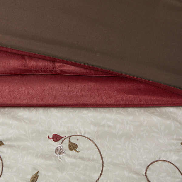 English Elm Embroidered Serene 7-Piece Comforter Set Cal King in Red Chocolate Ivory – Shiny Dupioni, Floral Embroidery, Decorative Pillows B03596928
