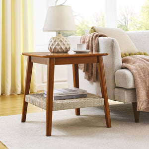 English Elm 23" Mid-Century Side Table with Woven Rattan Shelf, Walnut Finish, Solid Wood Legs, Boho Storage Accent Piece W1801109588