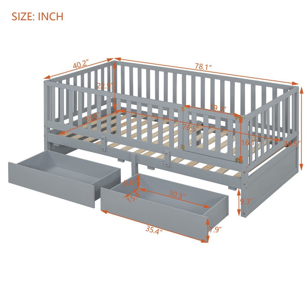 English Elm Twin Pinewood Daybed with Fence Guardrails Splits Into Two Floor Beds Storage Gray LP100881AAE