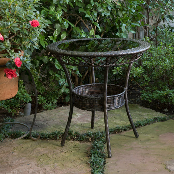 English Elm Christopher Knight Home® - FIGI Paea 27" Glass Table Brown Multi – Durable PE Wicker & Iron Bistro Table with Storage Basket 53082.00IRNKD