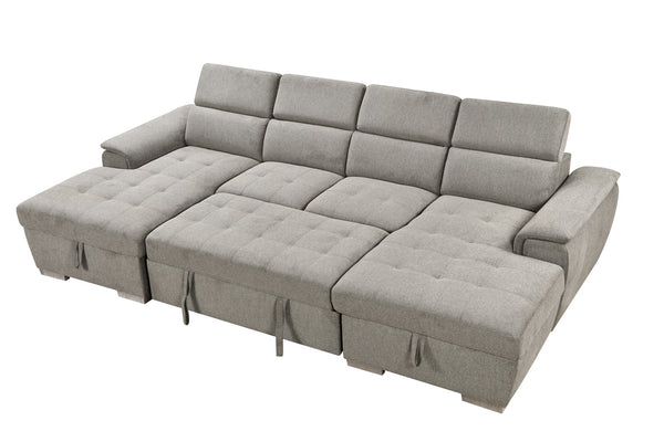English Elm U U Shaped Sleeper Sofa with Pull-Out Bed and Hidden Chaise Storage, Plush Corduroy Comfort Light Gray W1417S00082