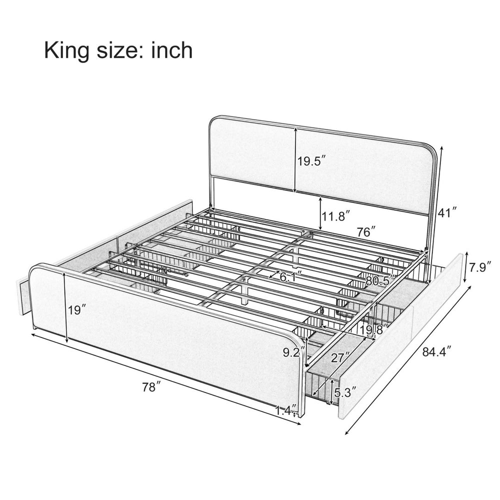 English Elm Gold Toned Queen Platform Bed Beige Linen Curved Headboard Footboard Under Storage N701P229017C
