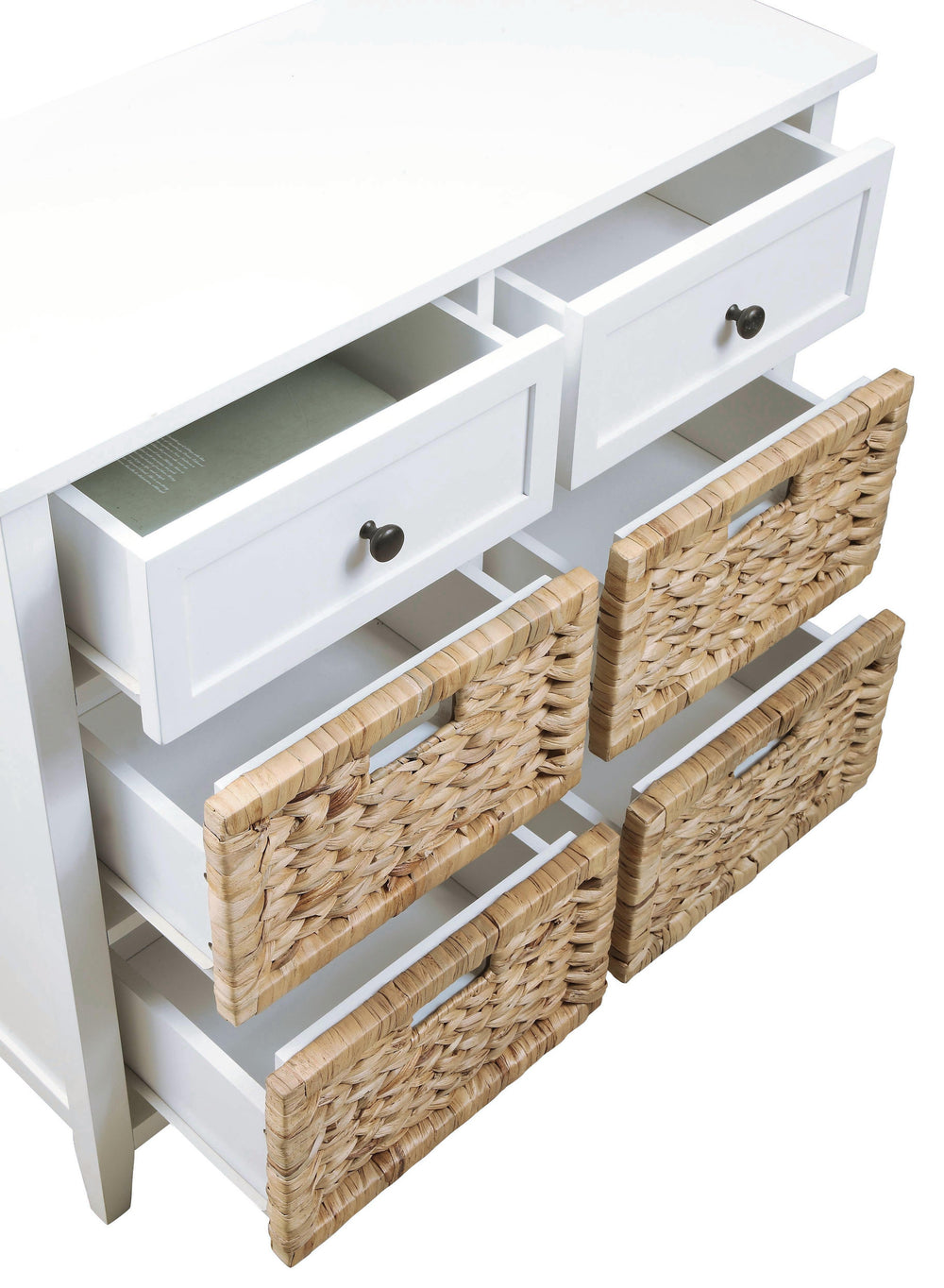 English Elm Flavius Console Cabinet with Six Storage Drawers, Basket-Front Rustic Charm & Smooth Glide Hardware for Stylish Organization White 34 L x 16 W x 11 H B2726P252319