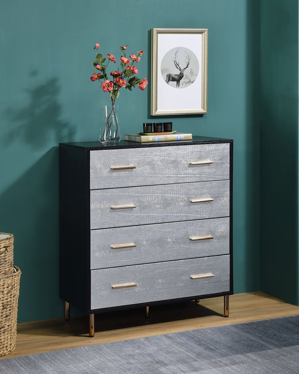 English Elm Myles Faux Crocodile Six-Drawer Dresser with Metal Legs, Full KD Frame, Durable Veneer Finish Black,Gold,Silver 38 L x 22 W x 10 H B2726P286619