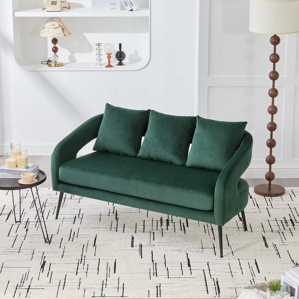 English Elm 53.7"Modern Velvet Loveseat with Open Back and 3 Pillows, Compact 2-Seater Sofa with Metal Legs Green W3118P312818