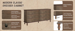 English Elm 6-drawer Wide Dresser Burnt Wood Grain Finish Copper Handles Roman Column Legs Bedroom Deep Rustic Brown W1445S00003