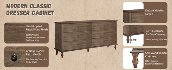 English Elm 6-drawer Wide Dresser Burnt Wood Grain Finish Copper Handles Roman Column Legs Bedroom Deep Rustic Brown W1445S00003