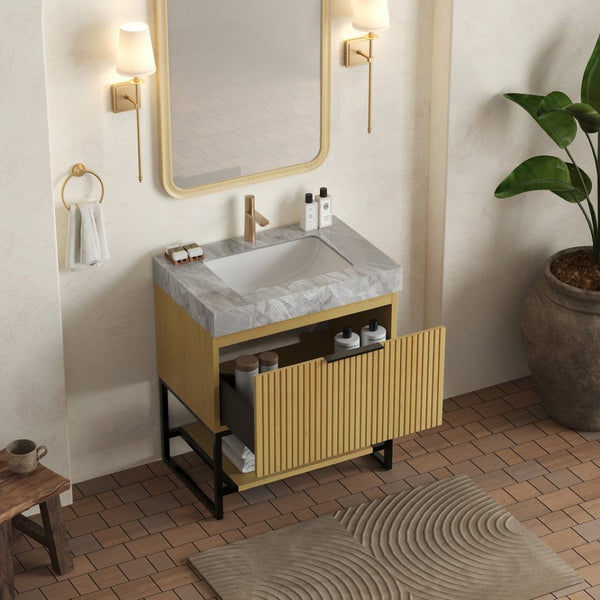 English Elm Yolan 30 Inch Freestanding Bathroom Vanity Plywood Cabinet Sintered Stone Top Oak Finish Black,Golden Oak,Light Gray,White W2615S00365