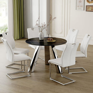 English Elm Table Set - Modern 42-Inch Round Dining Table With 6 Stylish White Chairs & Stainless Steel Legs W2920S00016-GIGA