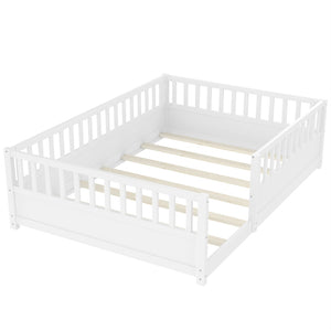 English Elm Twin Montessori Floor Bed Solid Pine Frame with Safety Fence Door for Kids Play Space White W1858P382400