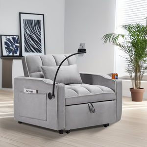 English Elm Convertible Sleeper Chair with USB & Cup Holders, Velvet Folding Pull-Out Sofa Bed for Small Spaces Grey W2353P186313