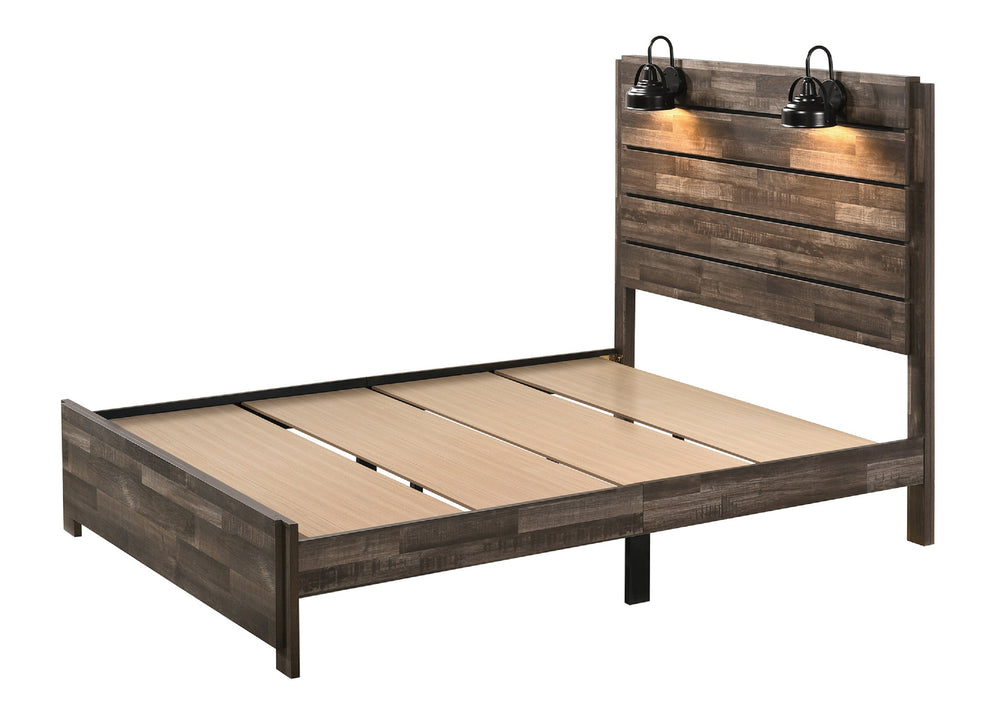 English Elm 1pc Rustic Style Butcher Block Finish Queen Size Bed with Weathered Finish, Detailed Trim, Sturdy Frame Brown 71.02 L x 38.31 W x 11.2 H B011P230853