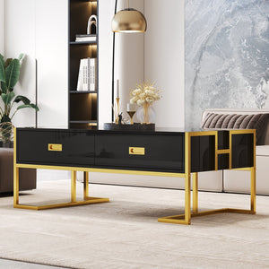 English Elm Modern 47.3" Black Rectangular Coffee Table with Gold Metal Base, 4 Spacious Drawers, Durable Design N735P305626B