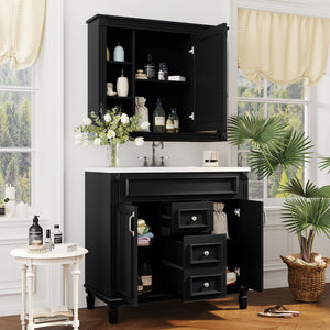 English Elm 36'' Bathroom Vanity with Sink and Mirror Cabinet, Modern MDF & Solid Wood Design, Ceramic Top, Soft-Close Doors Black SW000115AAB-1
