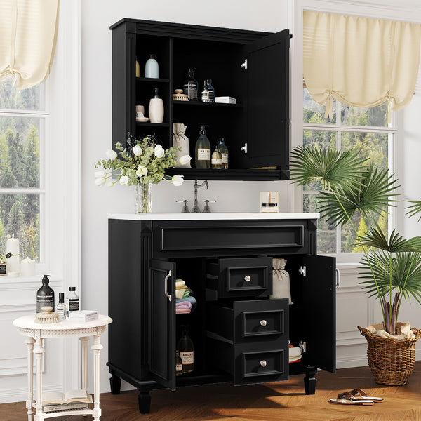 English Elm 36'' Bathroom Vanity with Sink and Mirror Cabinet, Modern MDF & Solid Wood Design, Ceramic Top, Soft-Close Doors Black SW000115AAB-1