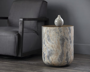 Sunpan Diaz End Table - Stylish Concrete Drum Design with Dark Timber Top, Perfect for Modern Spaces Marble Look / Antique Brass