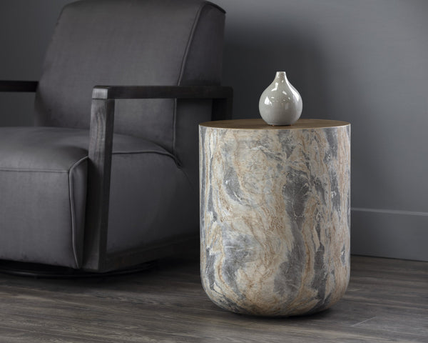 Sunpan Diaz End Table - Stylish Concrete Drum Design with Dark Timber Top, Perfect for Modern Spaces Marble Look / Antique Brass