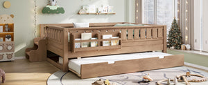 English Elm Twin Kids Platform Bed with Trundle Staircase Bookshelf and Rounded Safety Rails Natural W1580S00561