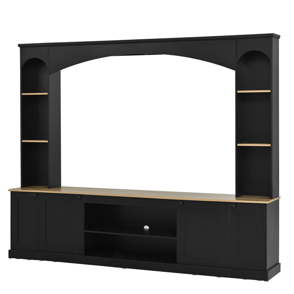 English Elm Arched Farmhouse Entertainment Center with Open Shelving for Living Room Black N721S000063B