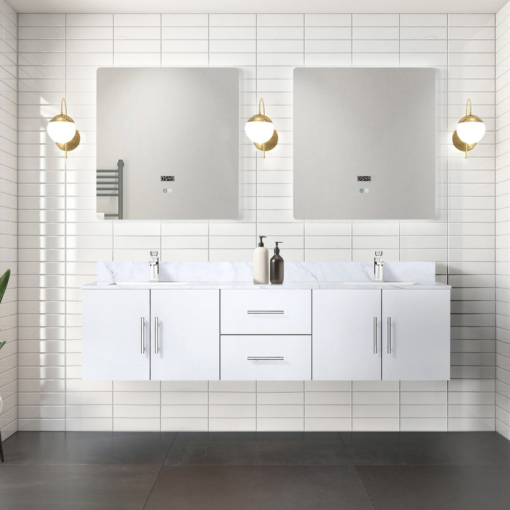 English Elm Glossy White Double Bath Vanity With Carrara Marble Top & Led Mirrors – Modern Storage Solution! B2731S00832