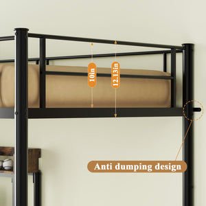 English Elm Bunk Twin-Over-Twin Loft Bed with Desk & Charging Station, Metal L-Shape Storage Shelves, Black W636P345065