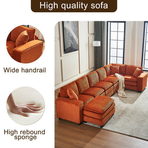 English Elm Modern U Shaped 6-Seat Sectional Sofa with Ottoman and 3 Toss Pillows, Corduroy Modular Comfort and Durable Frame Orange W2363S00043