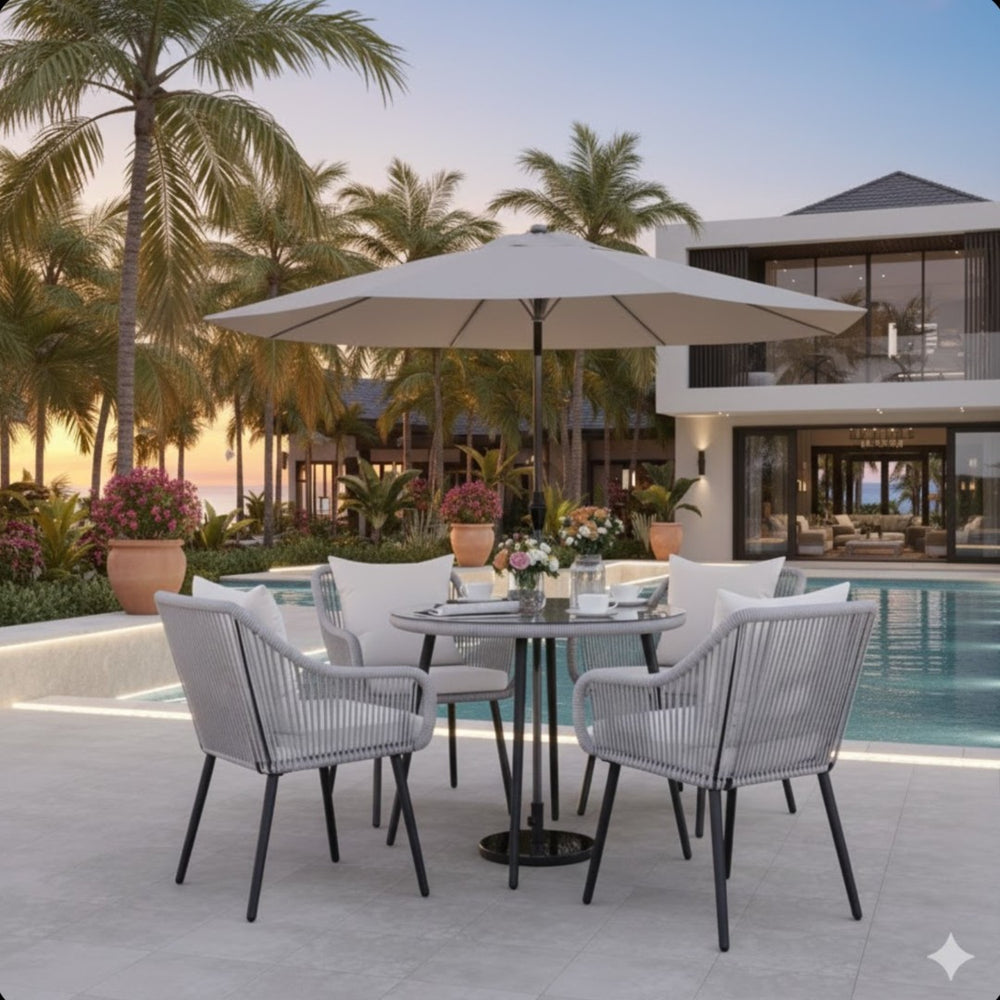 English Elm 5-piece Outdoor Wicker Patio Dining Set with Tempered Glass Table and Umbrella Hole Light Gray B082S00065