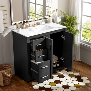 English Elm 36'' Bathroom Vanity with Ceramic Sink Combo, Solid Wood Frame, Soft-Close Drawers and Stylish Retro Groove Design Black N710P291684B