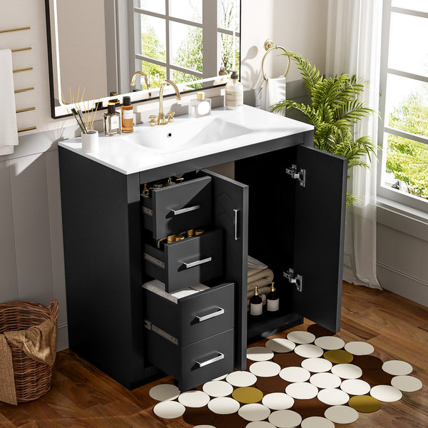 English Elm 36'' Bathroom Vanity with Ceramic Sink Combo, Solid Wood Frame, Soft-Close Drawers and Stylish Retro Groove Design Black N710P291684B