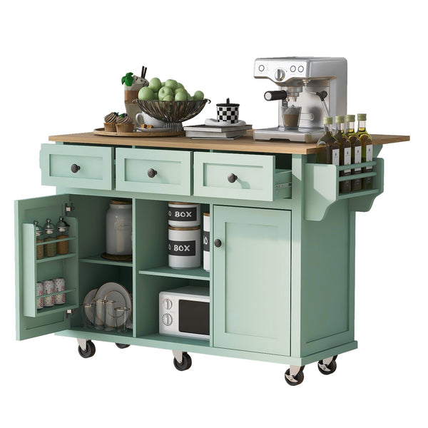 English Elm Kitchen Cart with Drop-Leaf Rubberwood Countertop, Rolling Island with Cabinet, Drawers & Racks for Dining Room - Stylish Durable Storage Solution Mint Green WF298028AAE