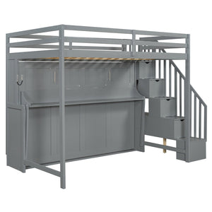 English Elm Full Over Murphy Bunk Bed with Hydraulic Lift Desk and Staircase Storage Gray LP200698AAE