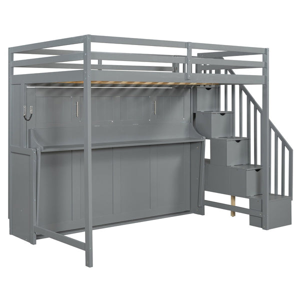 English Elm Full Over Murphy Bunk Bed with Hydraulic Lift Desk and Staircase Storage Gray LP200698AAE