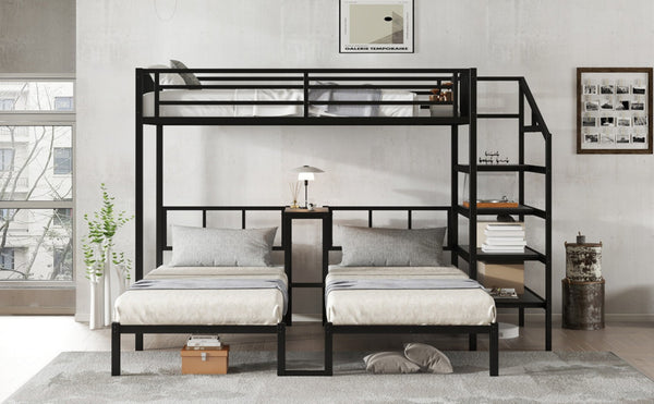 English Elm Twin Bunk Beds For 3 With Desk & Shelves, Space-Saving Metal Triple Bunk Bed, Noise Reduction, Black W1580S00116-GIGA