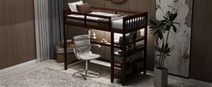 English Elm Twin Pine Loft Bed with Built-in Desk Open Shelves and Led Ambient Lighting Espresso GX000245AAP