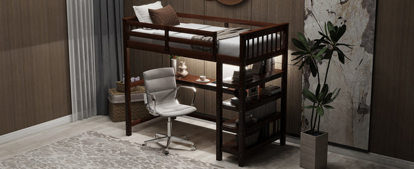 English Elm Twin Pine Loft Bed with Built-in Desk Open Shelves and Led Ambient Lighting Espresso GX000245AAP