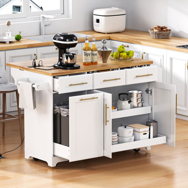 English Elm K&k Rolling Kitchen Island Rubber Wood Top Brass Hardware Built-in Outlets Storage White N707S299014W