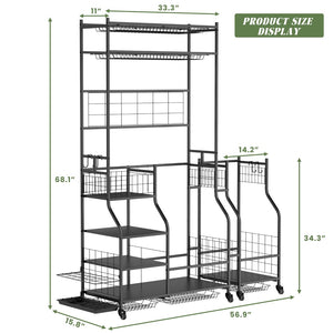 English Elm Golf Bag Vertical Rack Organizer Holds 3 Bags with Club and Accessory Shelves T3210P392618